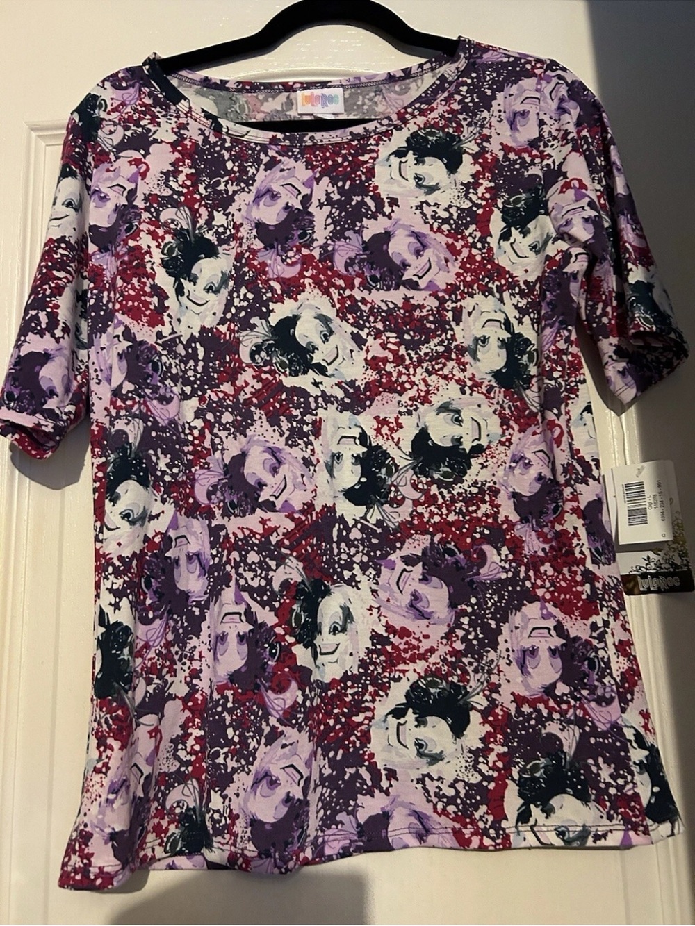 LuLaRoe Disney Cruella Gigi Purple & Black Floral Short Tee